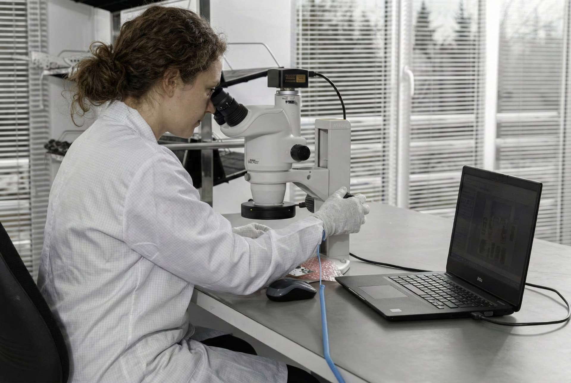 Microscope scene with technician in Positrone laboratory